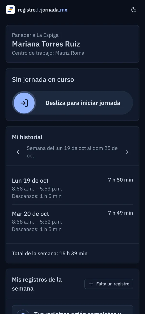 La página personal de una empleada en su celular, con el botón para iniciar jornada y su historial de la semana