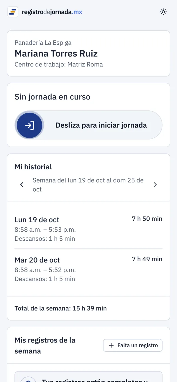 La página personal de una empleada en su celular, con el botón para iniciar jornada y su historial de la semana